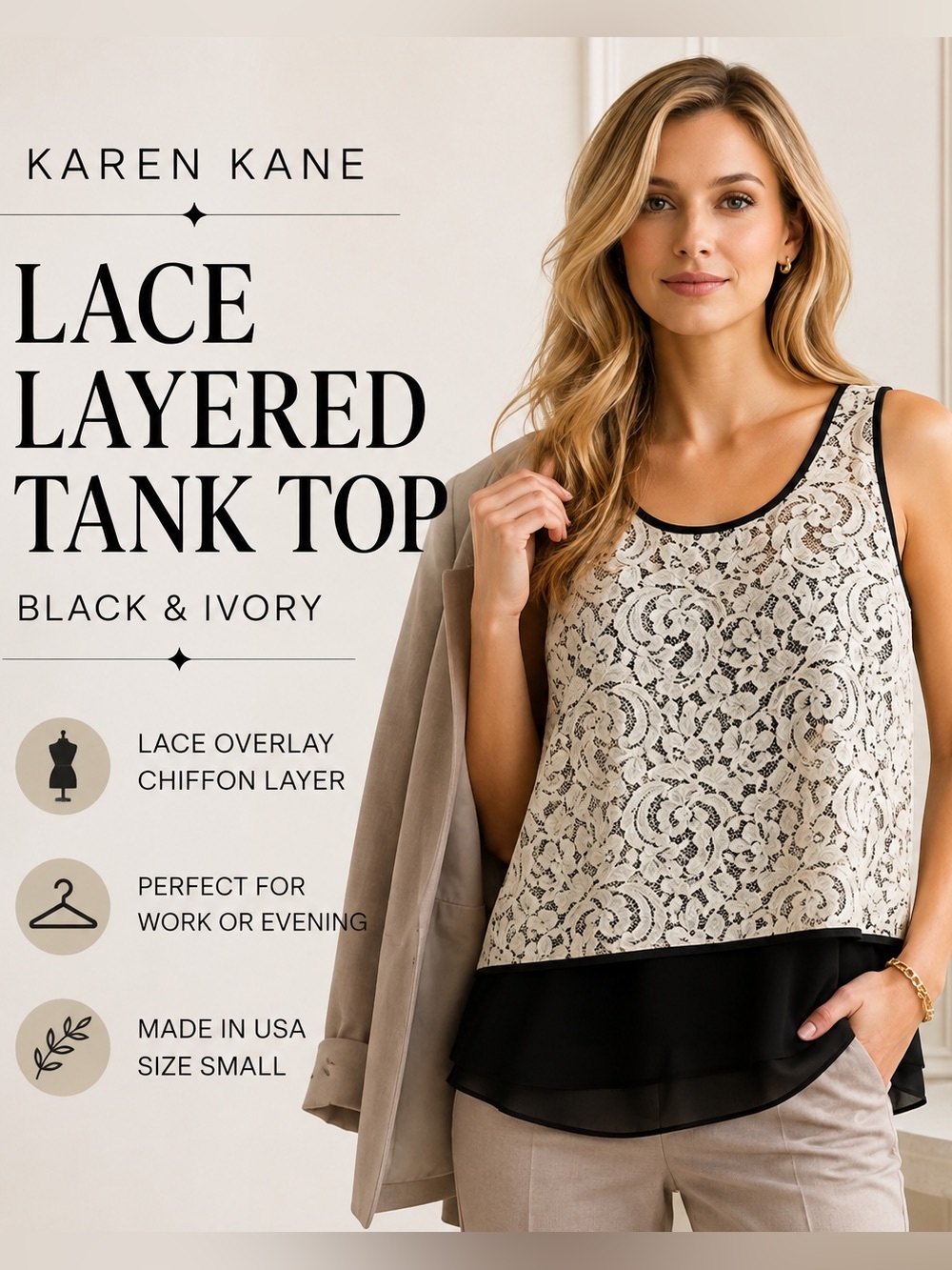 Karen Kane Lace Overlay Blouse Small Black Ivory Layered Sleeveless Made USA